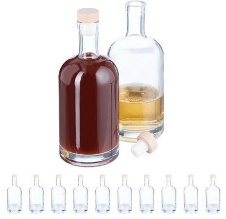 Relaxdays Botellas Cristal Vacías, Pack de 12, 500 ml, con Corcho, Aceiteras, para Licor, Vinagre, Vino, Transparentes