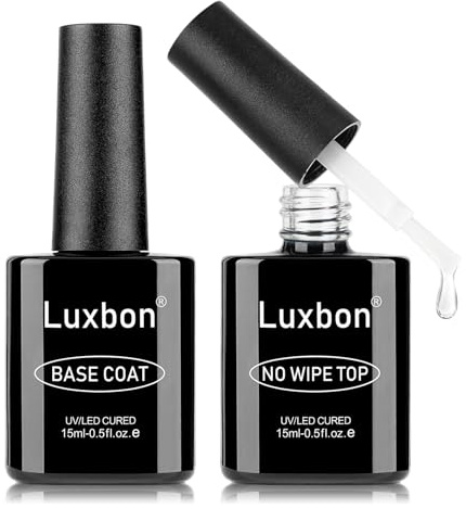 Luxbon 2 st 15 ml Gel No Wipe Top Coat och Base Coat Set - Långvarig, glansig finish, UV LED-nagellampa Soak Off Gel Nail Prep Set Manikyr