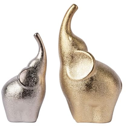HAUCOZE 2pcs Elefante Estatua Escultura Modern Decoración Animal Figur 20cm | Plata Dorada Cerámica Hogar Adorno Interior Artesanal Arte Festividad Regao para Estantería Mesa Escritorio