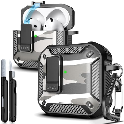R-fun för AirPods 4 fodral med rengöringssats, kolfiberelement Militärt stötsäkert automatiskt uppklappbart fodral, telefonstativ och magnetisk bas med karbinhake Kompatibelt med AirPods 4:e
