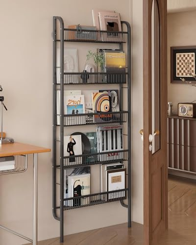 UMDONX Bücherregal gegen Wand, schmales 5 etagiges Metall Bücherregal, Leiterregal, multifunktional für Enge Räume, Schwarz（62 x 9 x 160 cm）