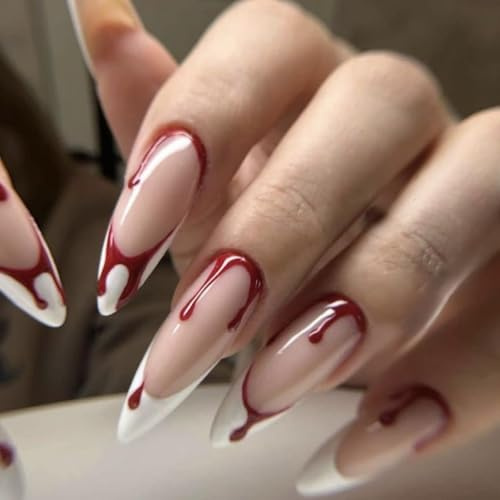 Ceboic 24 Pezzi Halloween Mandorla Premere Sulle Unghie, French Rosa Nudo Press on Nails con Goccia di Sangue, Acrilico Copertura Completa Unghie Artificiali per Donne e Ragazze Cosplay