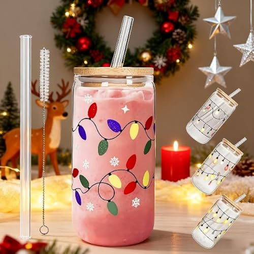 Color Changing Christmas Cup, Colour Changing Christmas Glass Cup, 350ml Reusable Xmas Cups with Lids and Straws, Iced Coffee Mug for Xmas Party Decoration Gifts
