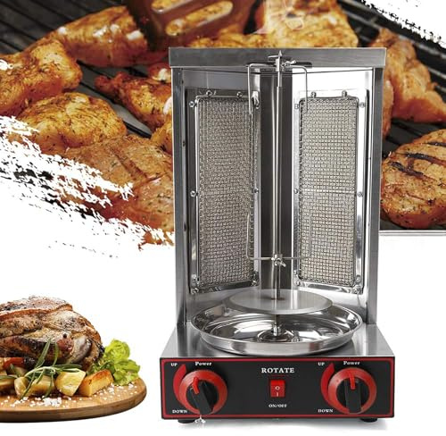 Acier Inoxydable Vertical Machine, À Gaz Gril De Table Avec 2 BrûLeurs,Grill Pour Kebab, Rotatif Interrupteur RéGlage 3000 W(Silver)