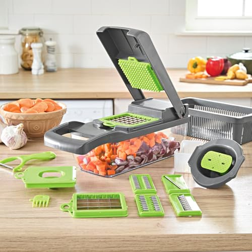 Basilico® Gemüseschneider – 12-in-1 Multifunktionsschneider – Würfelschneider für Obst und Gemüse – Spühlmaschinenfest – gleichmäßiges Ergebnis - kompakt und vielseitig