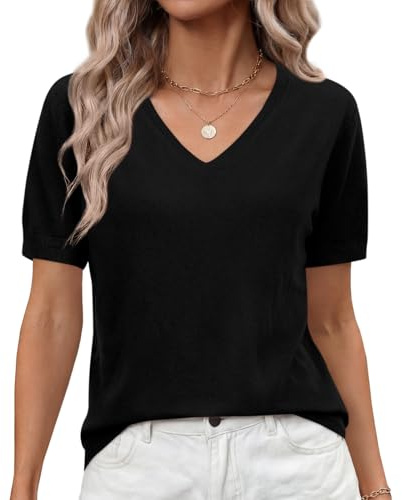 Elesomo Ladies Jumpers Short Sleeve V Neck Knit Sweater Top