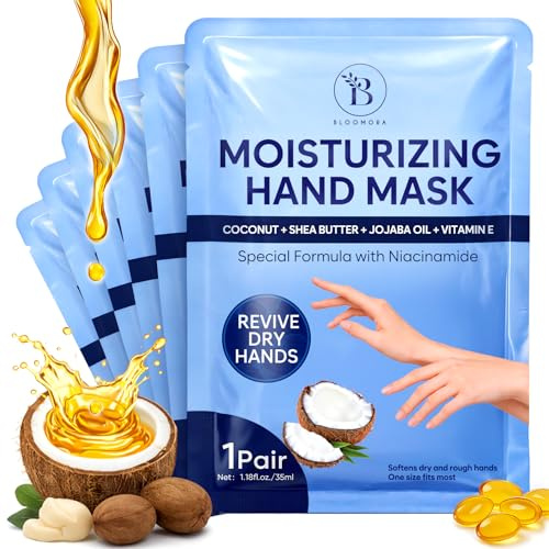 Repairing Hand Mask for Dry Cracked Hands, Hand Masks with Coconut, Shea Butter, Jojoba Oil & Vitamin E, Moisturizing Gloves, Skin Care Gifts for Women & Men, Self Care Gifts for Women (6 Pairs)