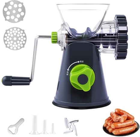 Manual Meat Grinder, 6-in-1 Meat Mincer Mincer Machine with Powerful Suction Base Versatile Sausage Maker Machine for Beef Mince Vegetables Pepper (Grey)