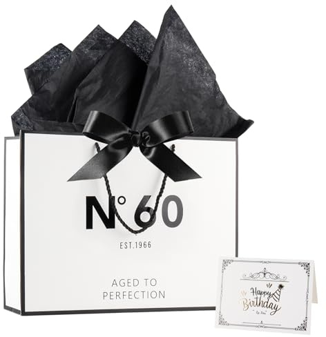 Tookala Weiß Papier Geschenktüte 60. Geburtstag, Geschenktasche mit Seidenband, 32 x 25 x 11 cm Größe Geschenktüte mit Karte & Perlgaze, Happy 60th Birthday Geschenktasche Frau Mann (2026 Version)