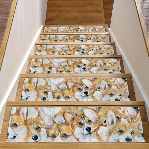 RODAILYCAY 15 tappeti per scale con motivo a testa di cane Corgi, antiscivolo per gradini in legno, tappeti per scale per interni, tappetini di sicurezza per anziani e bambini e cani