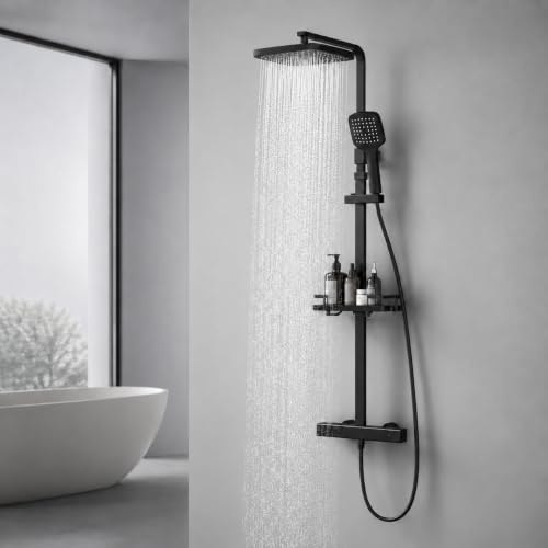 Homelody Duschsystem med termostat och duschhylla svart – duscharmatur komplett set med handdusch och huvuddusch – justerbar höjd, 38 °C säkerhetsspärr, väggmontering för moderna badrum