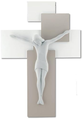 CROCIFISSO da Parete 27X19 Moderno Legno Tortora Cristo MARMORINO Bianco ME12102NB