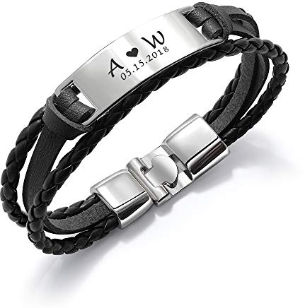 howson london Personalised Mens Bracelet | Leather Engraved Bracelet Gift for Him Boyfriend Husband Dad | ID Identity, Customised Monogram, Birthday, Wedding, Anniversary, Free Engraving