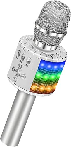 BONAOK Kabelloses Mikrofon, Karaoke-Mikrofon, Kinder, Bluetooth, Recorder, tragbar, LED-Lichter, bunt, für Familienfeiern, für Android-/iOS-Geräte, silberfarben