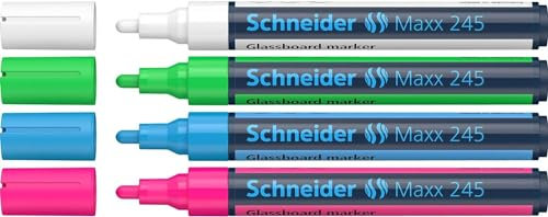 Schneider Maxx 245 Glasboardmarker / Whiteboard Marker (für Glasflächen, trocken abwischbar) 4er Etui weiß, grün, blau, pink