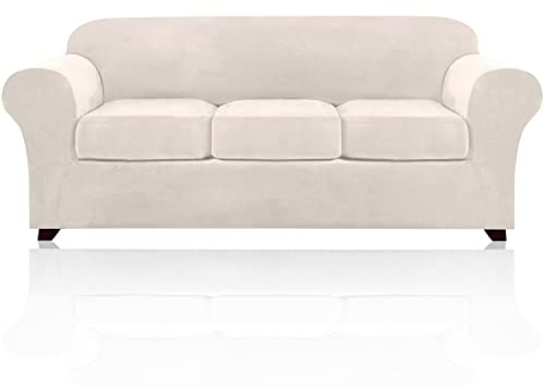PrinceDeco Velvet Couch Covers for Sofa Soft 4 Pieces Couch Covers for 3 Cushion Couch Sofa Pet Friendly Furniture Protector with Non Slip Elastic Bottom Width Up to 90 Inch (Large, Ivory)