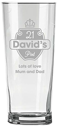 Personalised Engraved Pint Glass - 21st Birthday Gift, 21 Pint Glass, Name and Crown Design