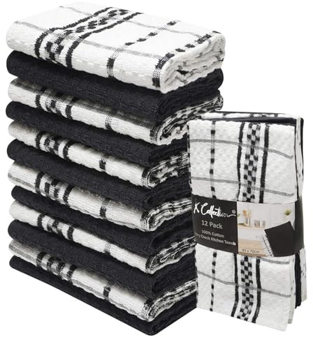 K Collection 12 Pack Check Kitchen Towels Set - 40 x 70 cm, Black and White - 100% Ring Spun Cotton (285GSM) Super Soft and Absorbent Dish Towels, Tea Towels and Bar Towels