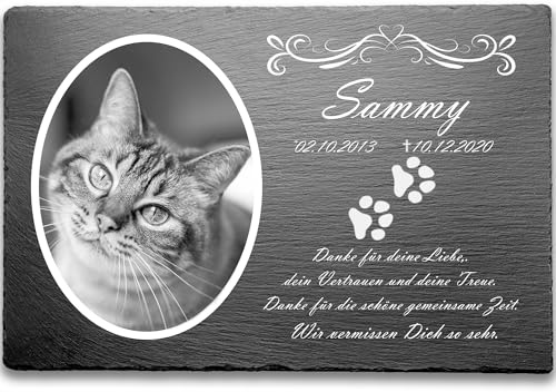 Pokal Center Westerheider Katzengrabstein mit eigenem Foto und Katzenpfoten, Gedenksteine für Katzen mit personalisierter Gravur Katzen, Gedenksteine aus Naturschiefer 20x30 cm