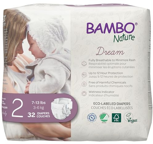 Bambo Nature Hypoallergenic Dream Baby Diapers, Eco-Labeled Sustainable Diapers, Enhanced Leakage Protection, Totally Chlorine-Free, Skin Friendly, and Super Absorbent - Size 2 (7-13lbs) - 32 Count