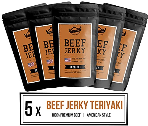 Craftsman Beef Jerky TERIYAKI 500g (5 x 100g) | Trockenfleisch aus Deutschland - Bayern | American Jerky Beef Set | 100% Rindfleisch | Teriyaki | Meat Snack MADE IN GERMANY