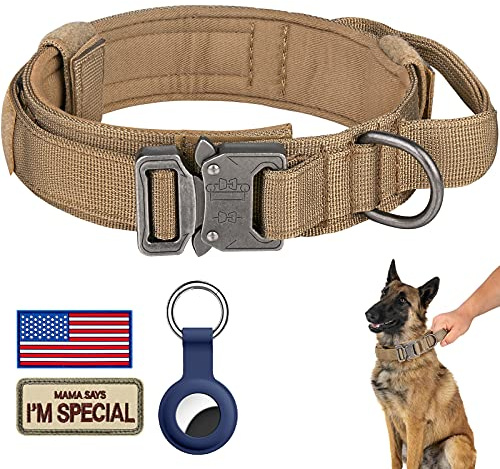 DAGANXI Tactical Dog Collar, Adjustable Military Training Nylon Dog Collar with Control Handle and Heavy Metal Buckle for Medium and Large Dogs, with Patches and Airtags Case (L, Brown)
