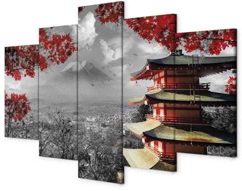 murando - Tableau Acoustique Paysage 225x112,5 cm 5 Parties - Décoration Anti-Bruit Isolation Phonique Chambre Impression sur Toile - Japonais Noir et Blanc Pagode Feuilles Rouges c-C-0241-b-m