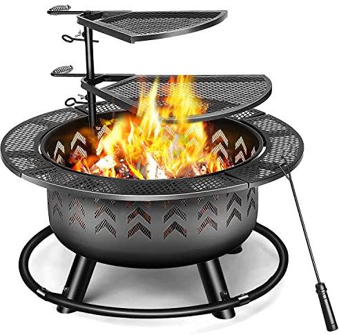 CJCSM Braciere, 32 Stufa a Scodella per falò Braciere da Esterno con griglia di Cottura a Doppio Strato Ciotola per falò Stufa per Barbecue Fornello da Esterno a Legna Riscaldamento