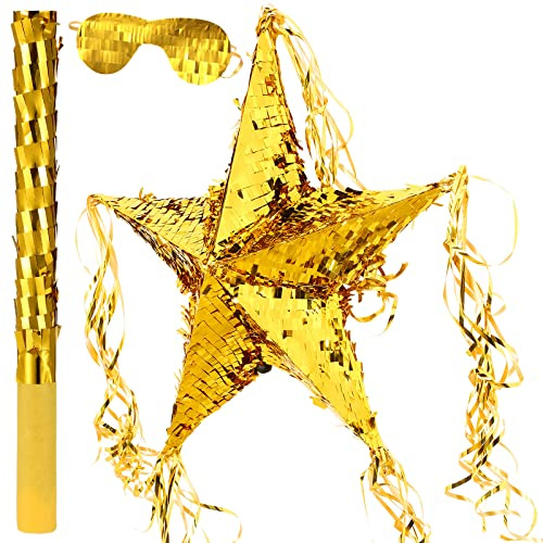 Foil Star Piñata with Blindfold and Bat for Birthday Foldable Star Shape Piñata with Stick Festive Fiesta Party Supplies Favors for Mexican Party (Gold)