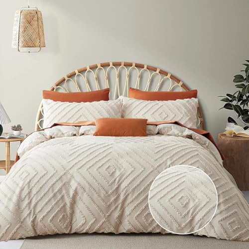 Freyamy Boho Bettwäsche 200x200cm Beige Getuftet Kariert Bettwäsche-Sets Stickerei Shabby Chic Bettwaren-Sets Microfaser Mädchen Deckenbezug 1 Bettbezug mit Reißverschluss und 2 Kissenbezug 80x80cm