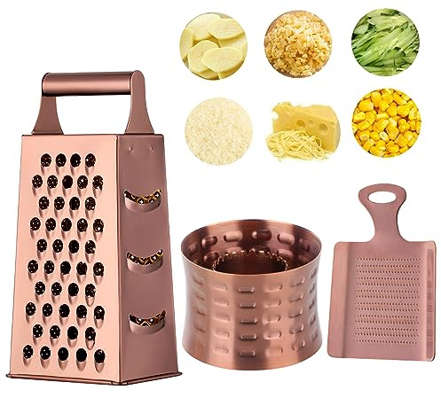 BUYER STAR Kitchen Graters, Stainless Steel Cheese Grater & Ginger Grater & Corn Stripper for Fine Grinding, Coarse Grinding, Chopping and Cutting, 4-Sided Vegetable Slicer with Crank (Rose Gold)