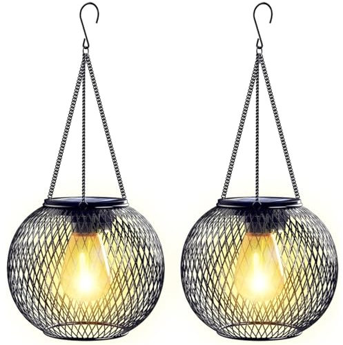 Solarlampen für Außen, 2 Stück Solar Laternen mit LED-Glühbirne, IP65 Wasserdicht Metall Hängend Solarleuchten für Außen Garten Deko Draußen Hinterhöfe Balkon Beleuchtung