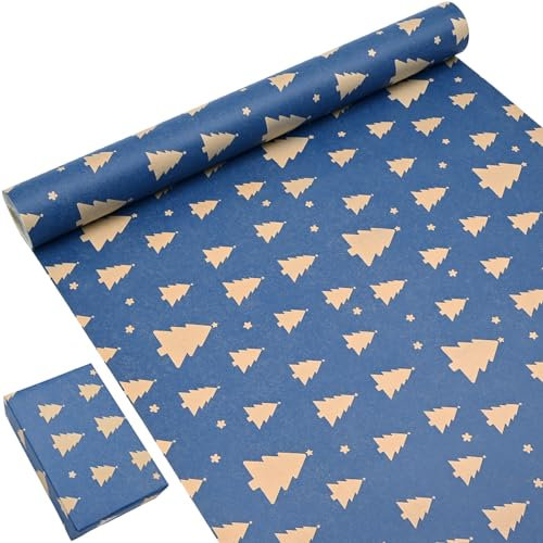 Blaue Geschenkpapierrolle, recycelbares Papier mit Weihnachtsbaum-Design für die Geschenkverpackung zum Geburtstag, Weihnachten