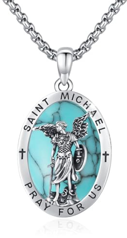 ZIPPICE Saint Michael Necklace 925 Sterling Silver Turquoise St Michael Oval Pendant Archangel Michael Pendant Amulet Necklace Jewellery Gifts for Women Men with 20+2 Stainless Steel Chain