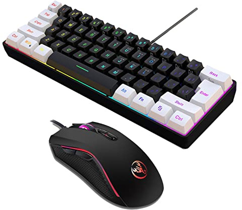 YIWENG V700BW+A869 Kit tastiera e mouse per computer USB con retroilluminazione RGB cablata a 61 tasti + mouse da gioco cablato Illuminazione a LED colorata DPI a 4 livelli max.3200 DPI per PC portati