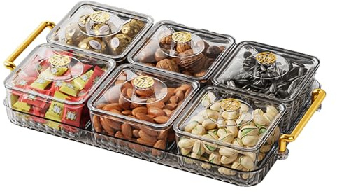 HUNYA Snackschale mit Deckel, Snacks und Obsttablett, Unterteiltes Serviertablett für Snacks, Snackbox mit Fächern, Aufbewahrungsbox für Süßigkeiten Nüsse Snacks