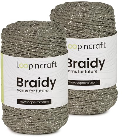Makramee mit Glitzergarn Lurex 2er Set Khaki-Silber, Loopncraft, 2 X 250m - 250g, geflochtenes Garn, Recycling Garn