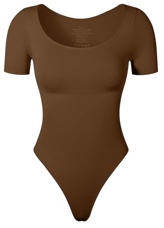 KSKshape kortärmad bodysuit för kvinnor magkontroll rund hals formkläder bodysuit t-shirt topp, Brun, X-Small-Small