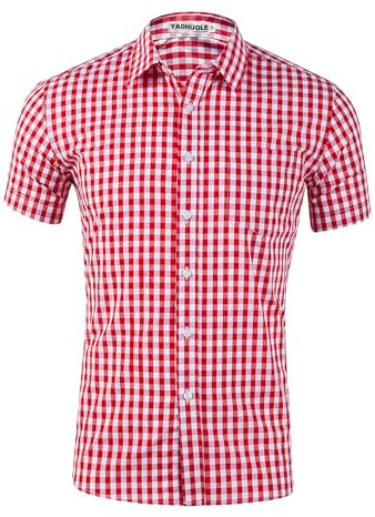YAOHUOLE Chemise Lin Homme Grande Taille Bavaroise à Carreaux pour Homme Traditionnel Oktoberfest Rouge 2XL
