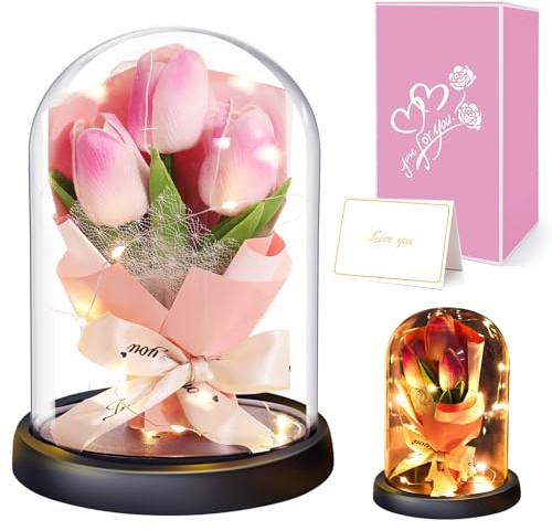 Touloube Cadeau de Fête des Mères pour Femme, Tulipe Artificielle, Fleur Eternelle sous Cloche, Cadeau Anniversaire pour Maman Amoureux Amie Grand Mere, Cadeau pour Femme 18 20 30 40 50 60 70 80 Ans
