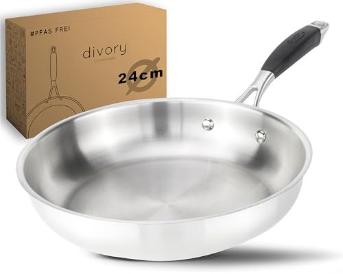 DIVORY Stainless Steel Frying pan 24 cm – Uncoated, PTFE & PFOA-Free, Induction-Compatible, Small Stainless pan Without Coating (PURA, 24 cm)