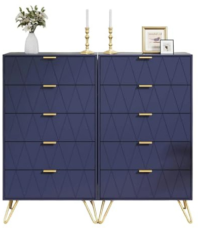 UEV Kommode 2er Set,120 x 34 x 110 cm, Schrank mit 10 Schubladen, Highboard, TV Schrank, Sideboard mit Schubladen, Schmal kommode, Beistellschrank für Wohnzimmer Schlafzimmer Flur (Dunkel blau)