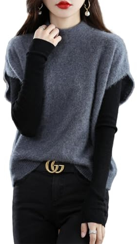 Ailaile Gilet in maglia da donna con collo a lupetto, 100% lana merino senza maniche, pullover basico, blusa corta, grigio scuro, M