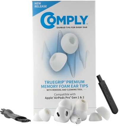 Comply TrueGrip Högkvalitativa öronsnäckor i minnesskum för Apple AirPods Pro 1/2, förbättrad komfort, säker passform, överlägsen ljudisolering, borttagnings- och rengöringsverktyg, vit, M (3 par)