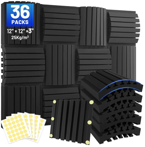 Focusound 36 Pack Curved Acoustic Foam Panels 3 x 12 x 12 Sound Proof Foam Panels Soundproofing Noise Cancelling Wedge Panels for Home Office Recoding Studio with 240 PCS Double-Side Adhesive