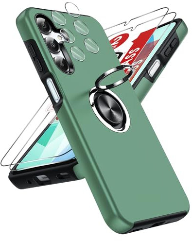 LeYi for Samsung Galaxy A16 4G/5G Phone Case with 2 Tempered Glass Screen Protector, 2 Camera Lens Protector and Invisible Phone Ring Holder, Shockproof Protective Cover for Samsung A 16 - Light Green
