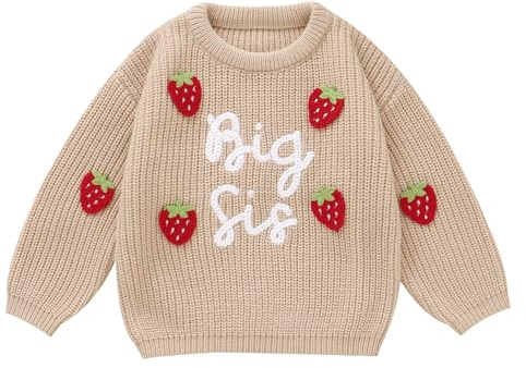 Winmany Baby flicka stickad tröja småbarn jordgubbe storssyster tryck pullover sweatshirt höst vinter långärmad varm jumper topp, BEIgE, 12-18 månader