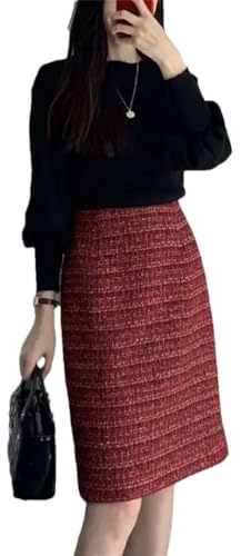 Knielanger Wollrock für Damen, elegant, Hüfttasche, geteilter Rücken, Midi-Röcke, dick, warm, rot, L
