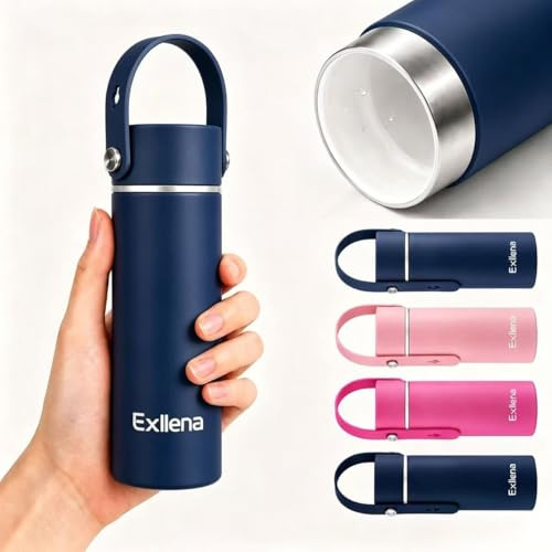Exllena Botella pequeña de 300 ml con revestimiento de cerámica – Mini termo con mango de silicona ajustable – 100% a prueba de fugas – Ideal para bebidas carbonatadas, café, leche y zumo (azul oscuro