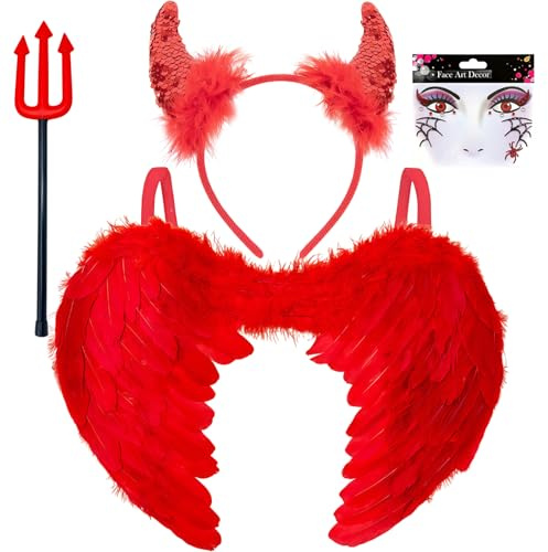 GWAWG Red Devil Costume Women, 4 Pcs Ladies Devil Outfit,with Red Angel Wings, Sequin Horns Headband, Pitchfork Halloween and Face Stickers,Halloween Party Outfit for Women,Girls